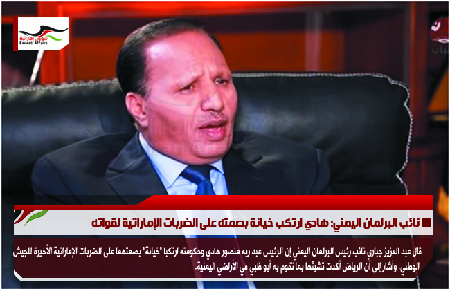 نائب البرلمان اليمني: هادي ارتكب خيانة بصمته على الضربات الإماراتية لقواته
