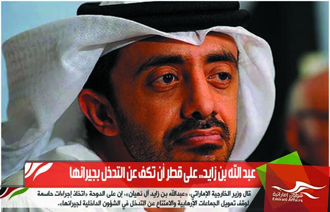 عبد الله بن زايد.. على قطر أن تكف عن التدخل بجيرانها